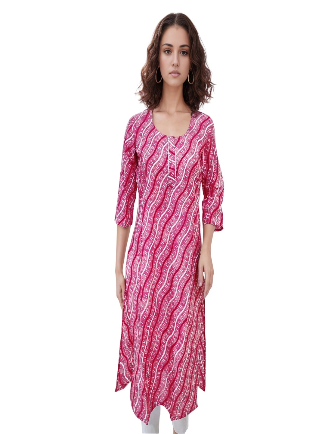 

RAYINVENT Ethnic Motifs Printed Round Neck Gotta Patti Pure Cotton Straight Kurtas, Pink