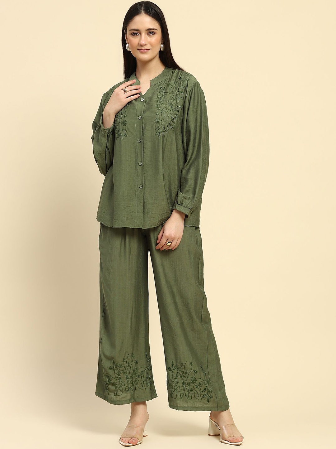 

Global Republic Embroidered Long Sleeve Shirt & Trousers Co-Ords, Green