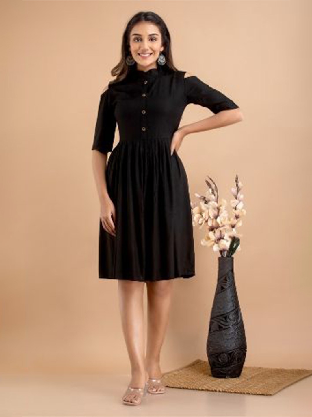 

RAAKA Women Mandarin Collar Fit & Flare Dress, Black