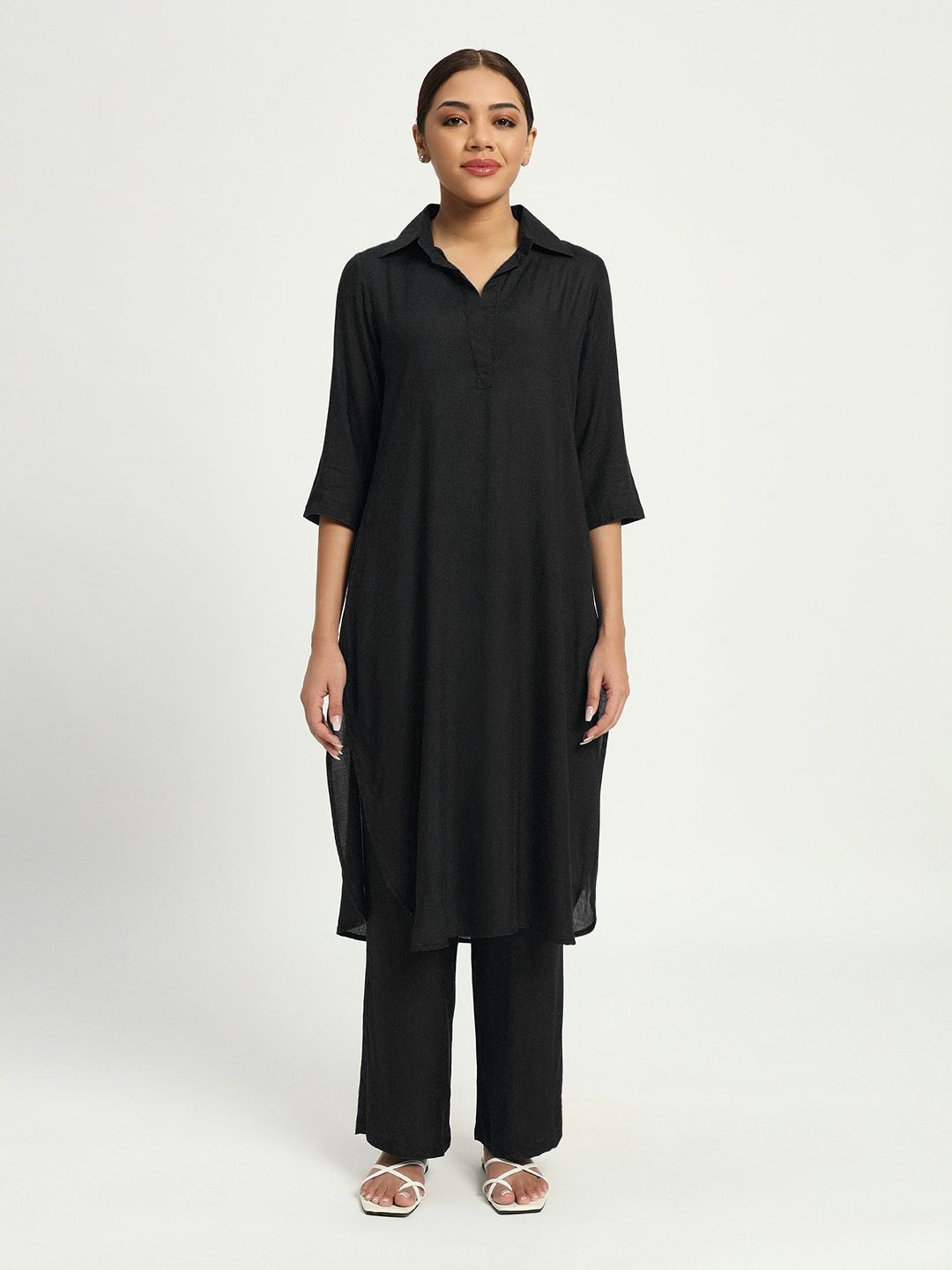 

Thevasa Shirt Collar Tunic With Trousers, Black