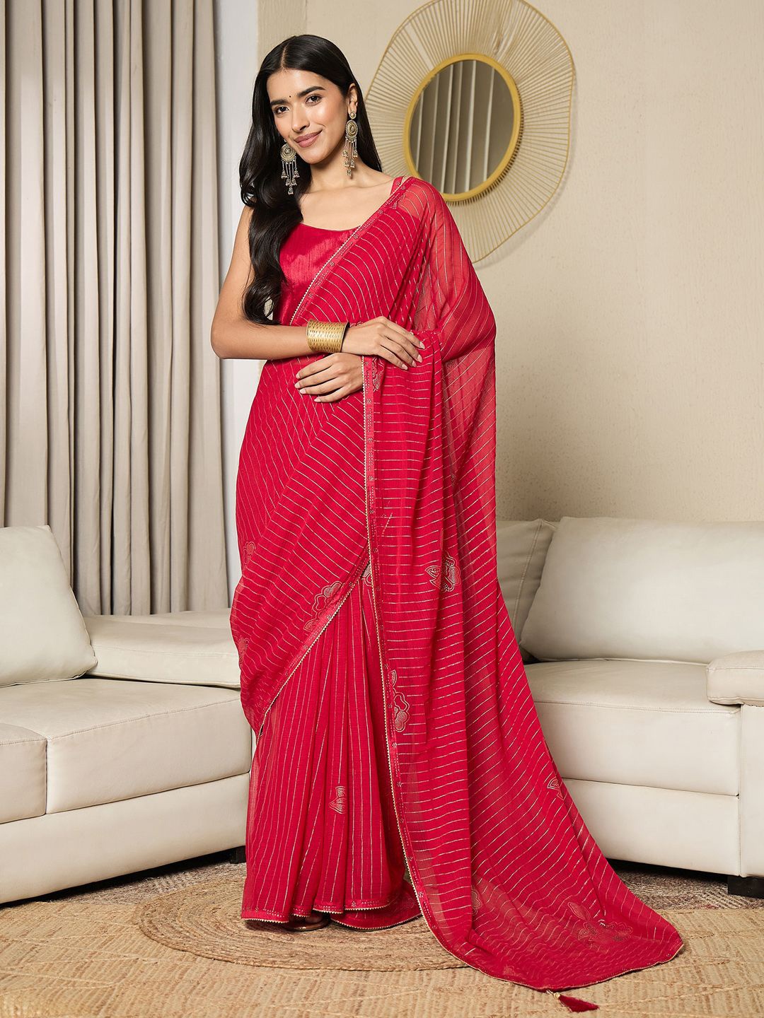 

Saree mall Striped Beads and Stones Ready to Wear Sarees, Red