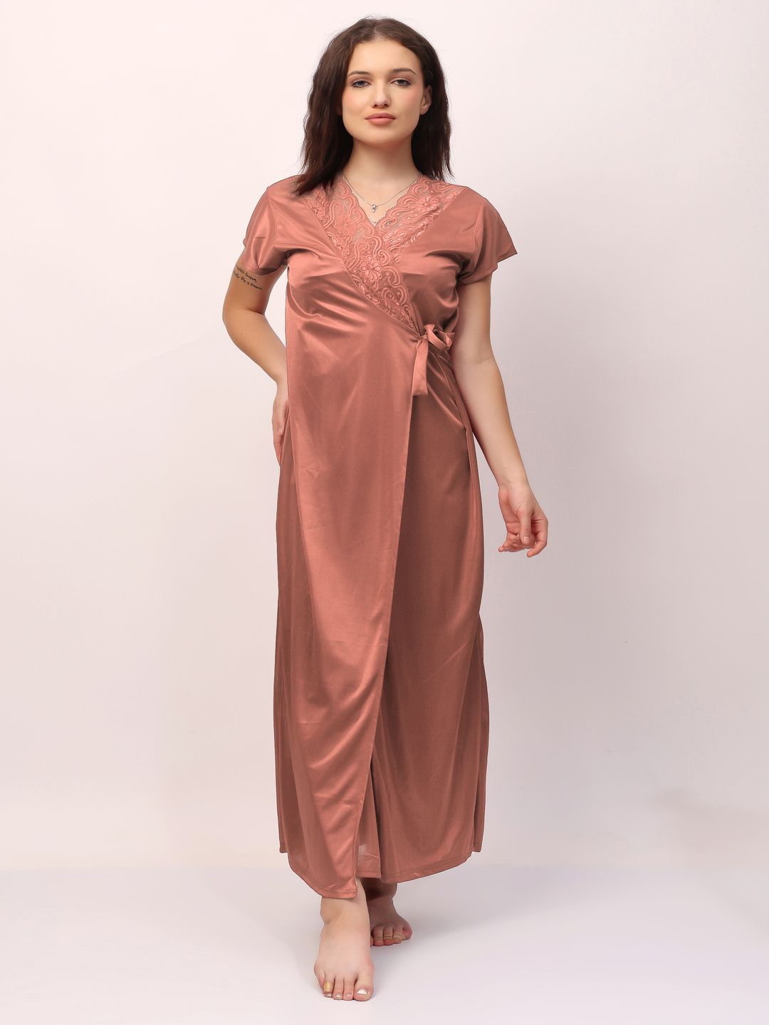 

CHUI MUI Women Satin Maxi Nightdress with Robe, Rust