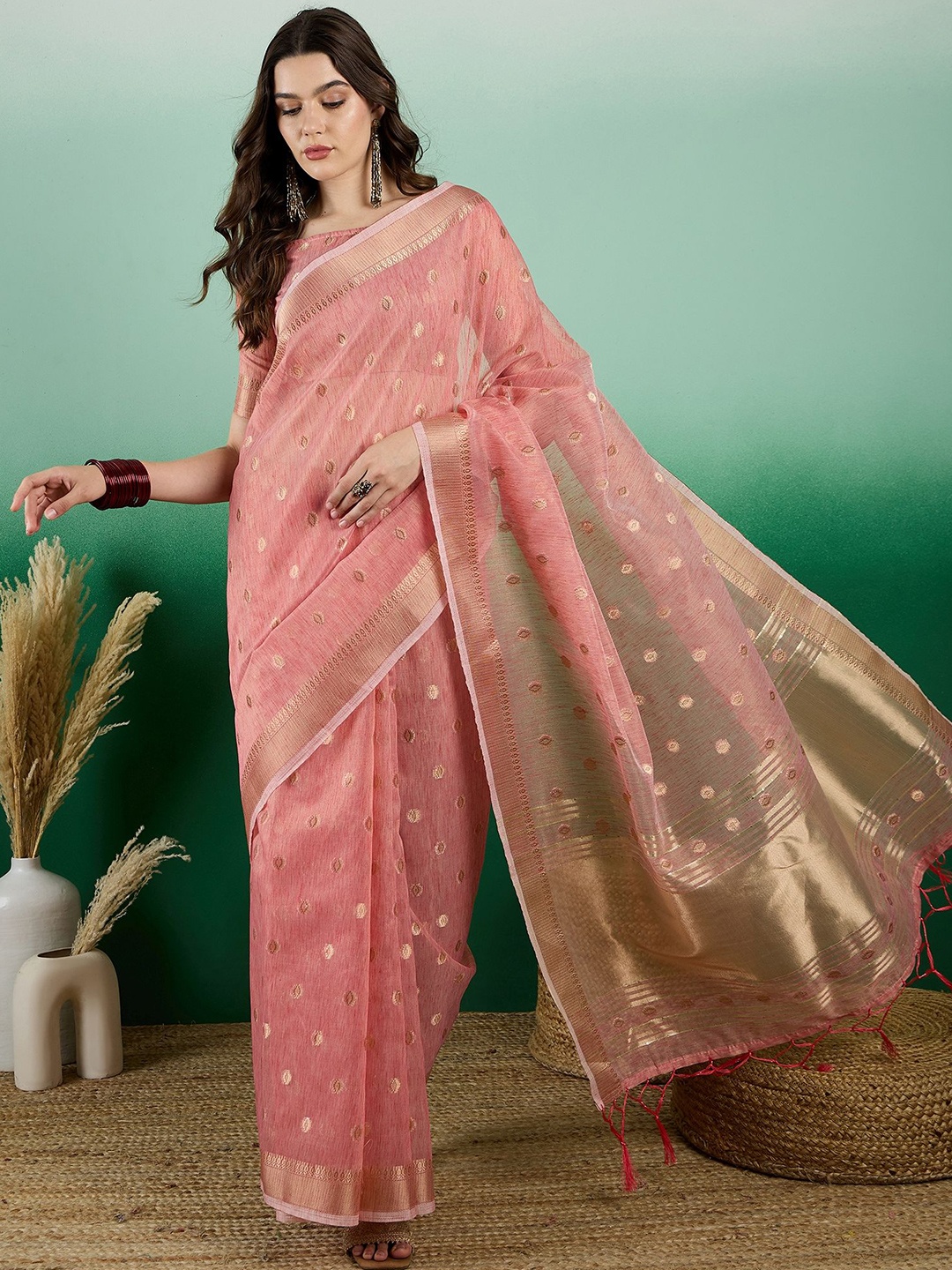 

KIMISHA Ethnic Motifs Woven Design Zari Organza Banarasi Saree, Peach