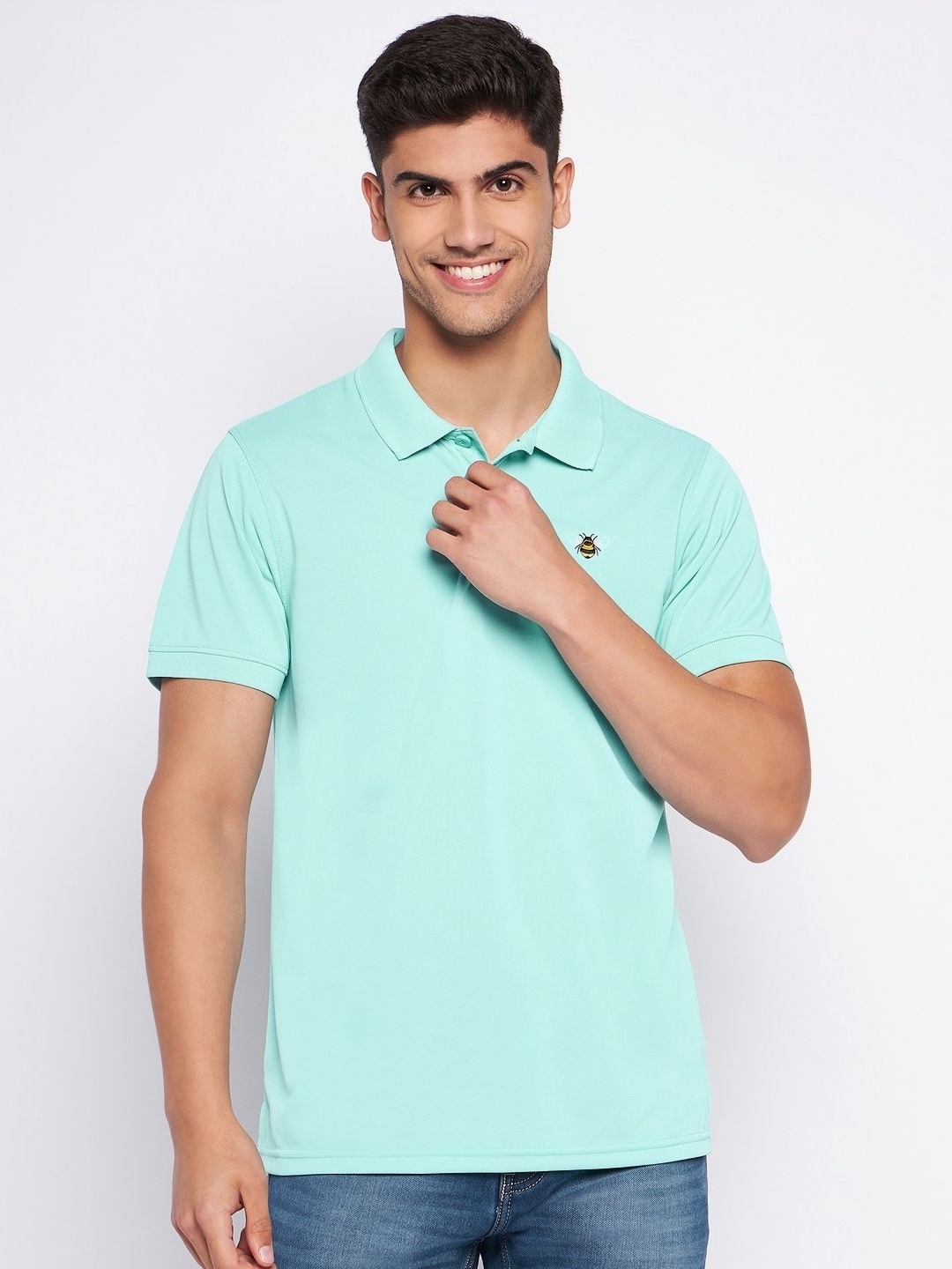 

AUXAMIS Men Solid Polo Collar Cotton T-shirt, Sea green