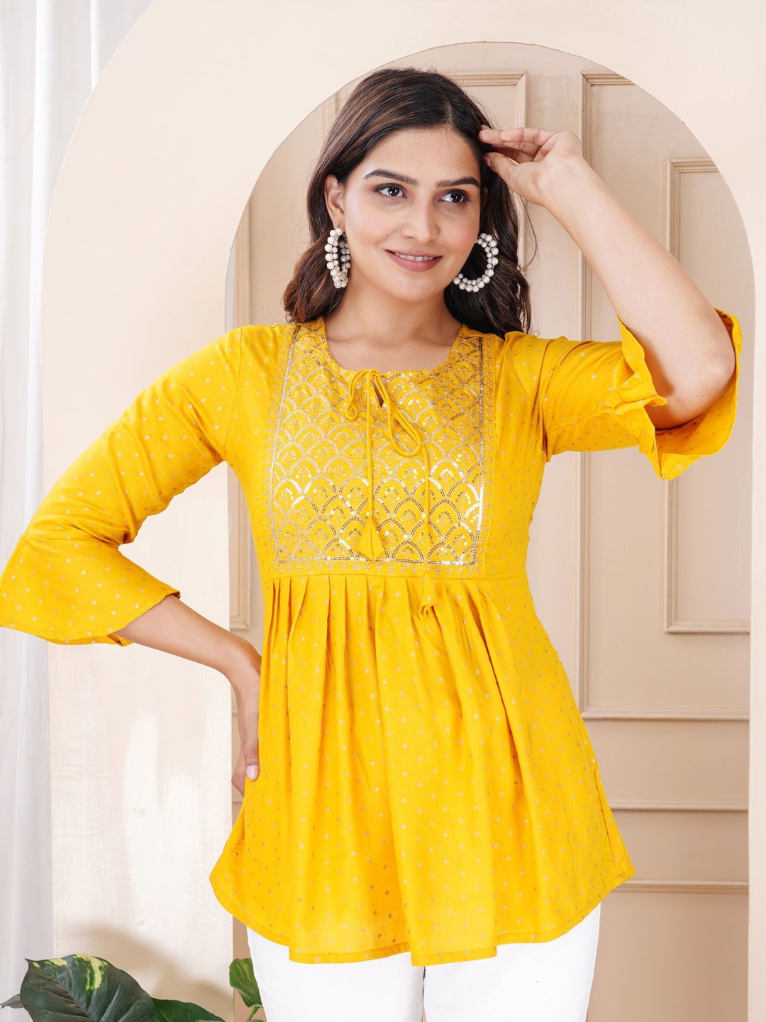 

L.H HANDICRAFTS Women Embroidered Peplum Top, Yellow