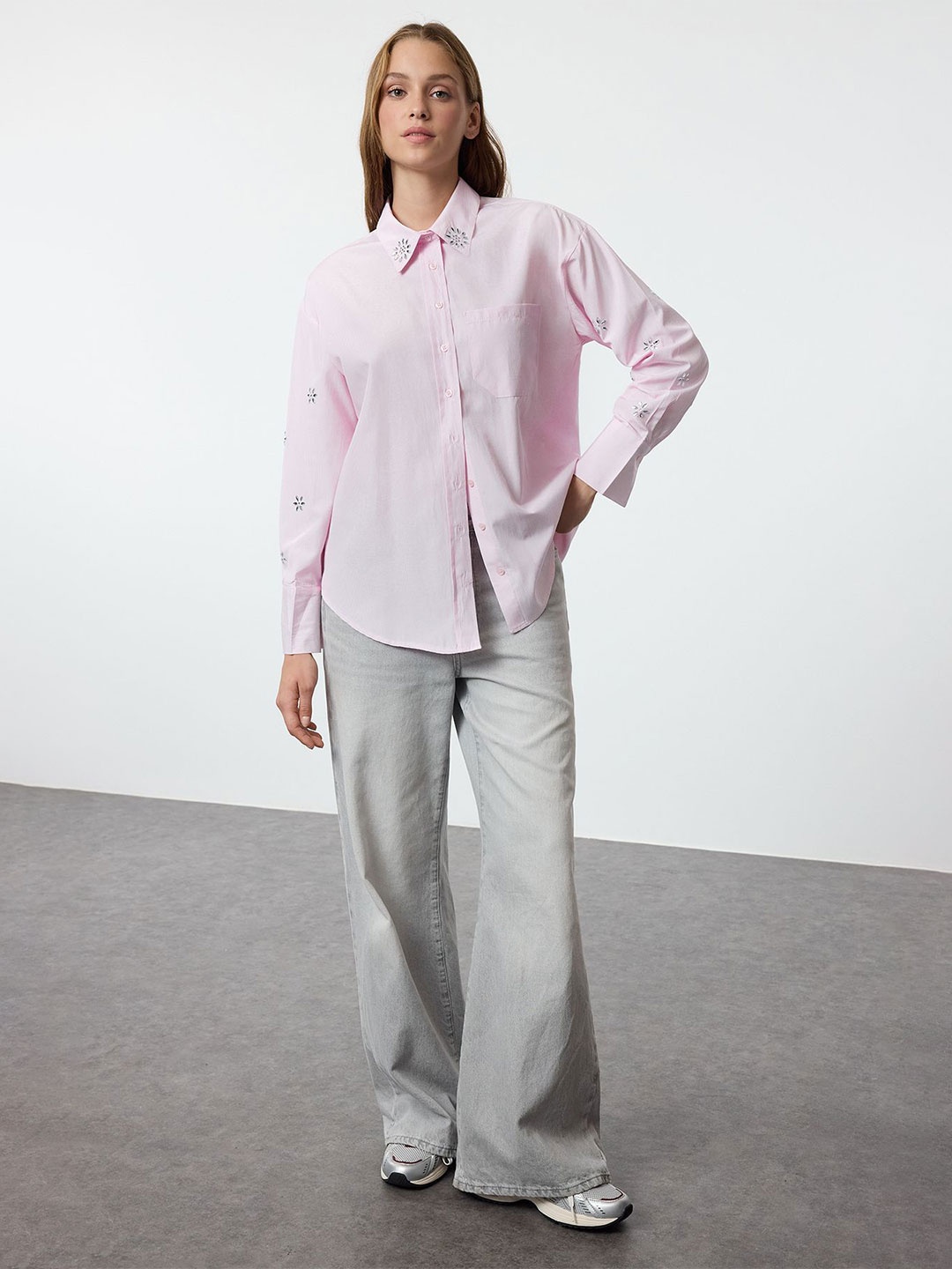 

Trendyol Women Oversized Fit Spread Collar Solid Casual Shirt, Pink