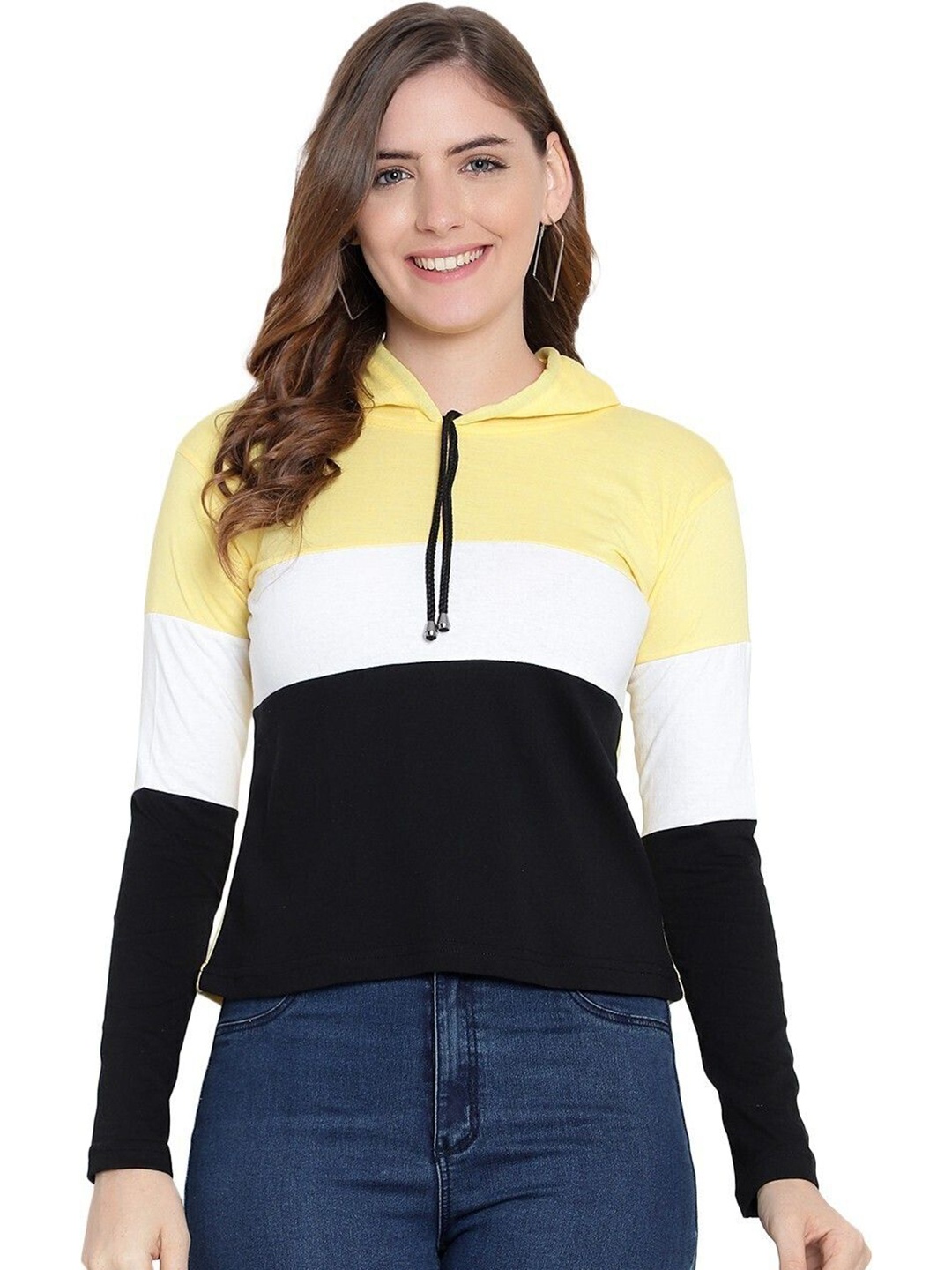 

DEEPMAYRA COLLECTION Women Colourblocked Hooded Cotton T-shirt, Yellow