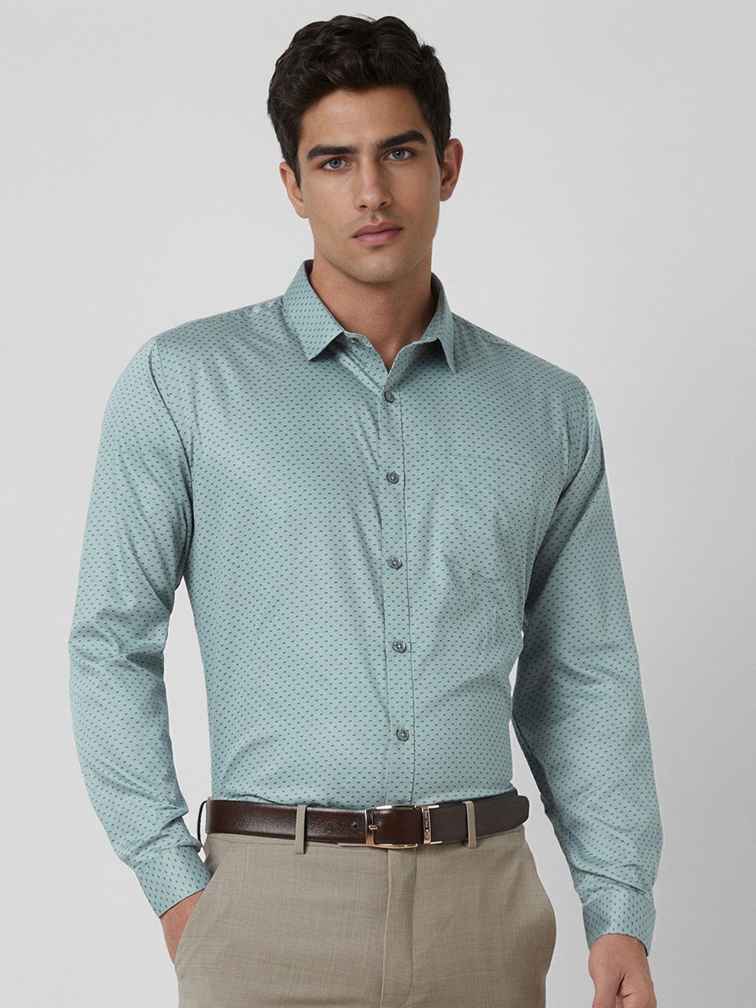 

V Dot Men Slim Fit Spread Collar Micro Ditsy Printed Cotton Formal Shirt, Green