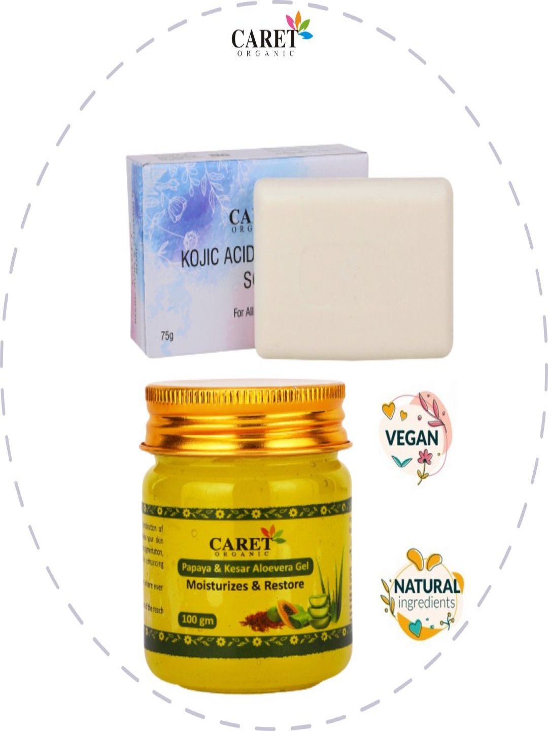 

CARET ORGANIC Set Of 2 Kojic Acid Vitamin C Soap & Aloe Vera Gel With Kesar & Papaya-175 g, White