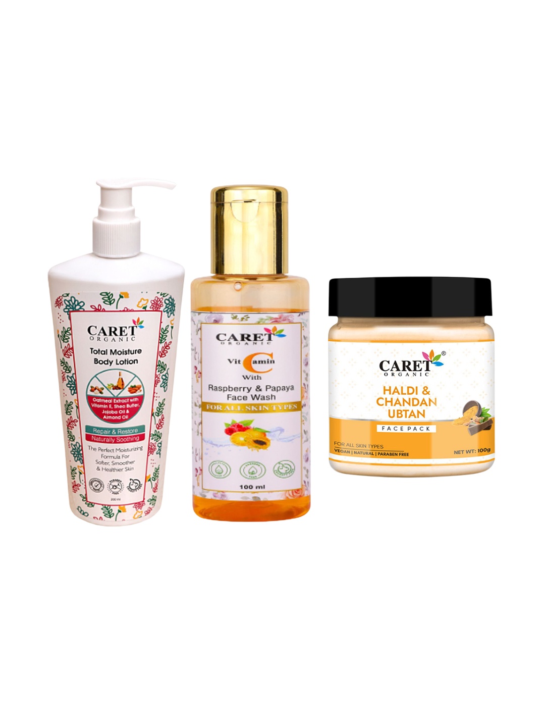 

CARET ORGANIC Set Of 3 Total Body Lotion- 250 ml - Face Wash- 100 ml & Face Pack- 100 g, Multi