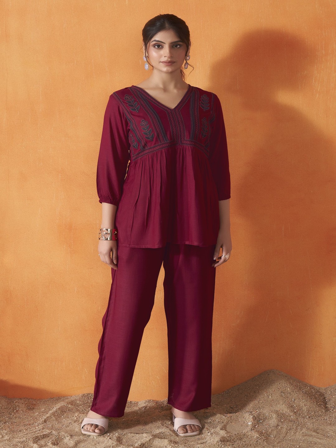 

Anouk Maroon Floral Embroidered V-Neck Top With Palazzo
