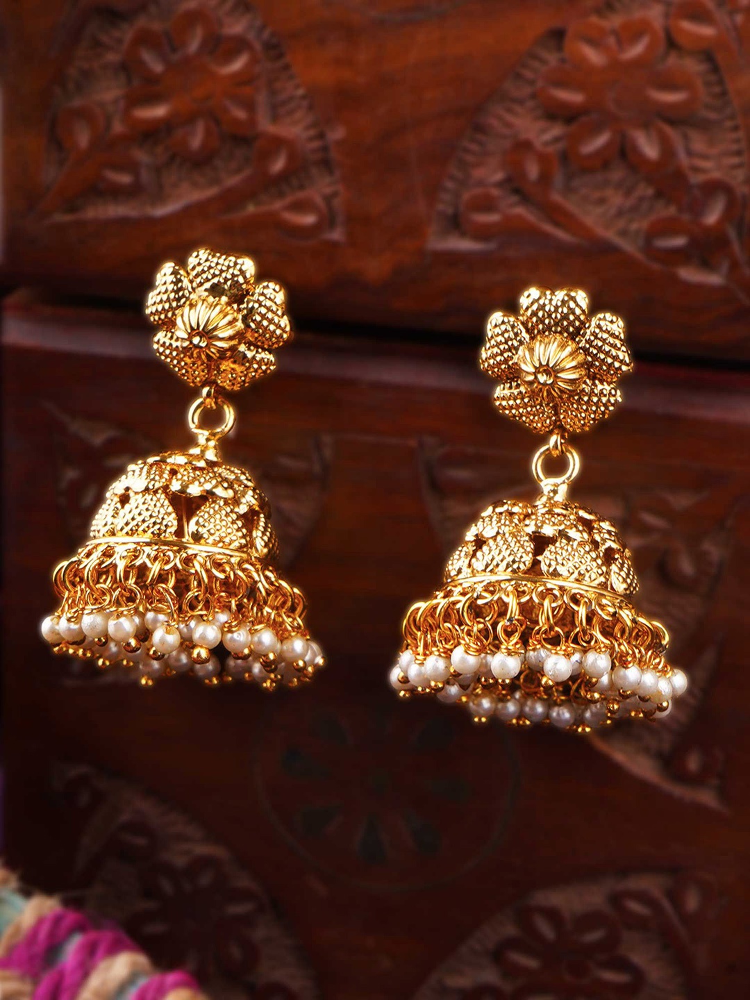 

Adwitiya Gold-Plated Artificial Beaded Classic Shaped Jhumkas