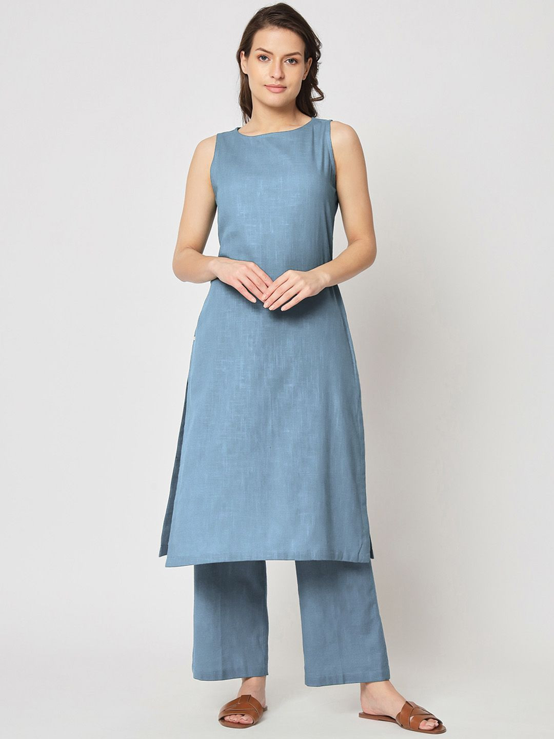 

Thevasa Sleeveless Pure Cotton A-Line Tunic With Trousers, Blue