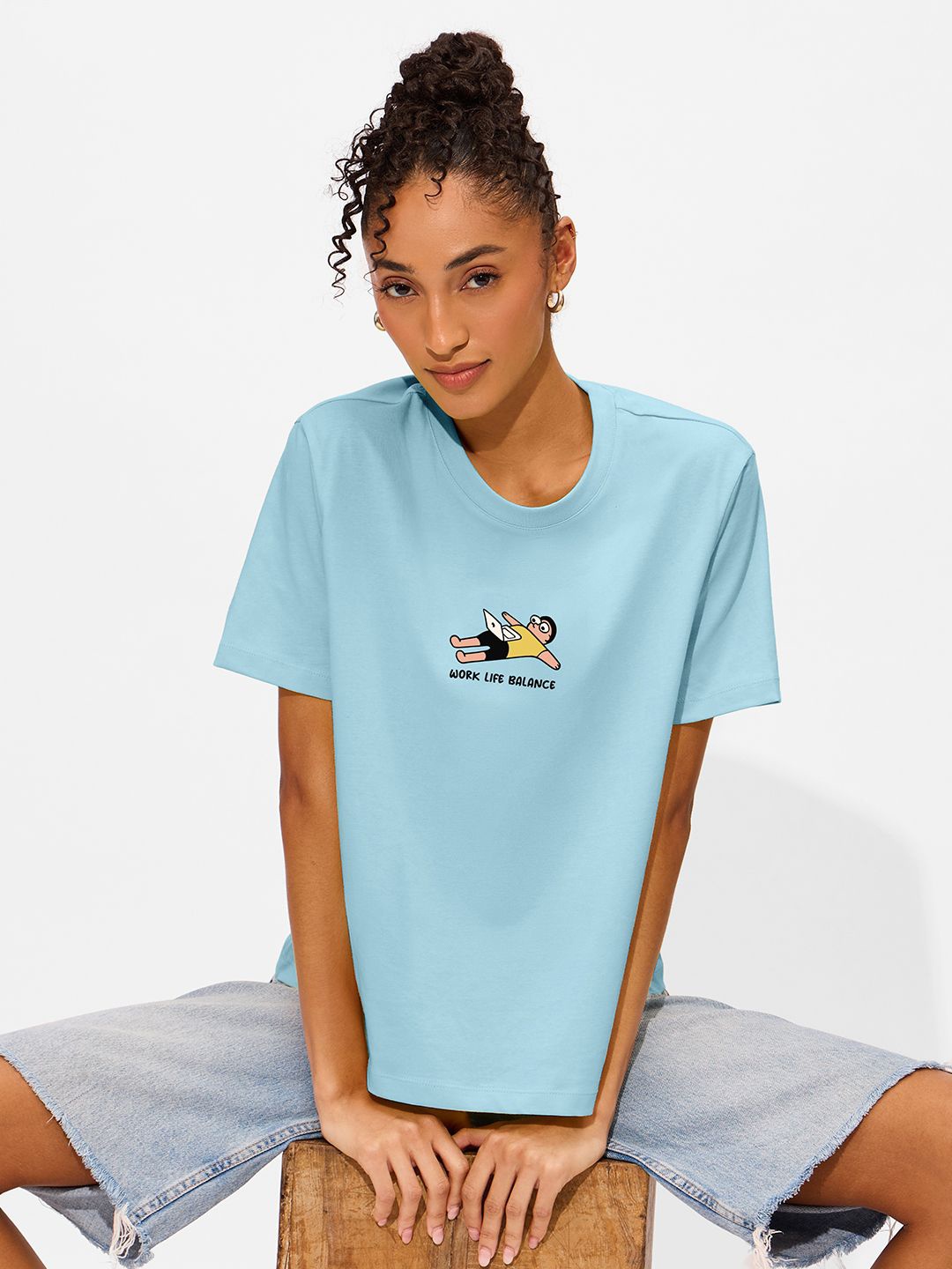 

The Souled Store Women Cotton Half Sleeves Relaxed Fit Graphic Printed Round Neck T-shirt, Blue