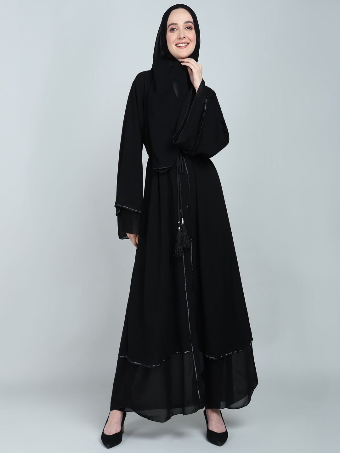 

BROKE BRAND Women Solid Front-Open Double-Layer With Lace Detailing Abaya Burqa, Black