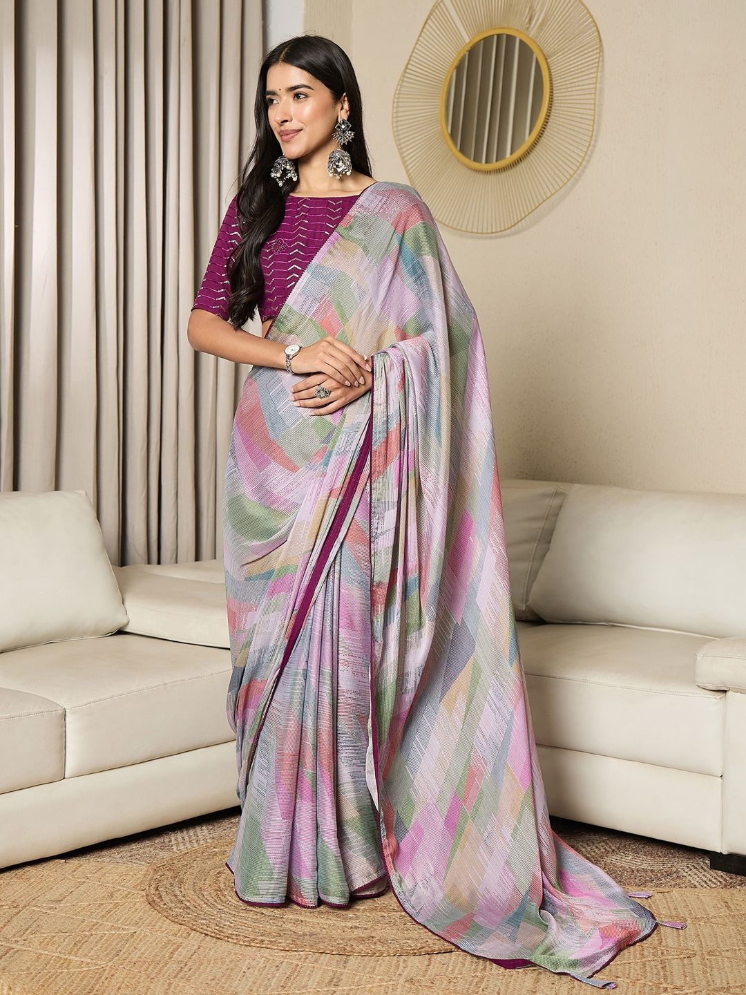 

Saree mall Beads and Stones Poly Chiffon Ready to Wear Sarees, Pink