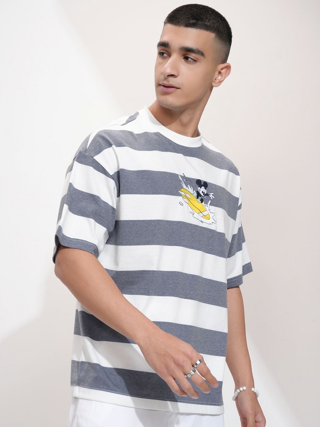 

HIGHLANDER Disney Men Oversized Drop Shoulder Round Neck Half Sleeve Tshirt, White