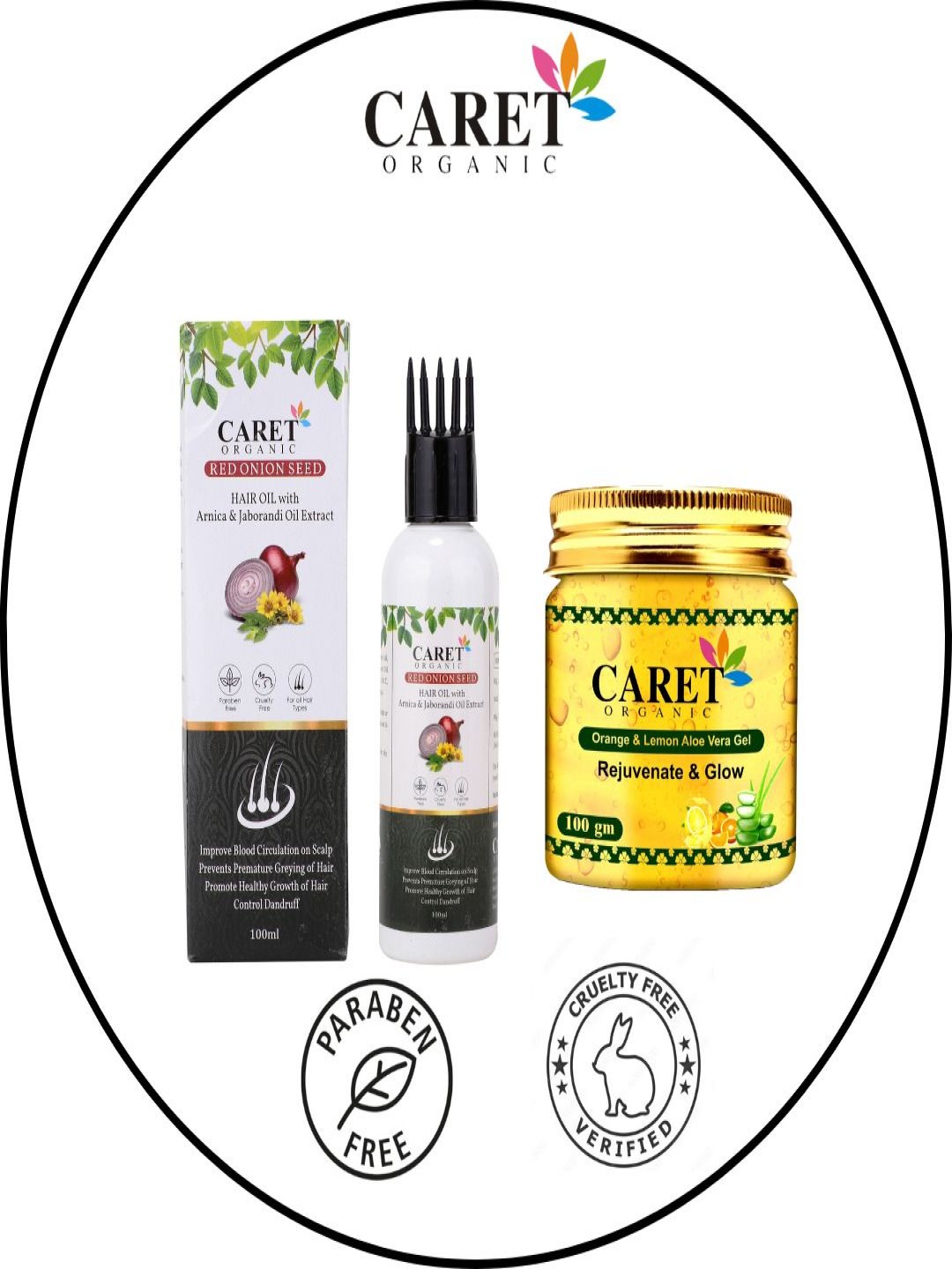 

CARET ORGANIC Set Of 2 Orange & Lemon Gel 100 g With Red Onion Seed Hair Oil 100 ml, White