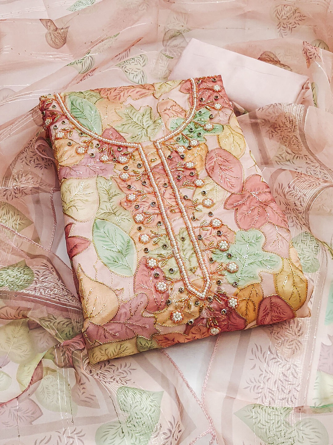 

Maroosh Floral Printed Sequinned Organza Unstitched Dress Material, Peach