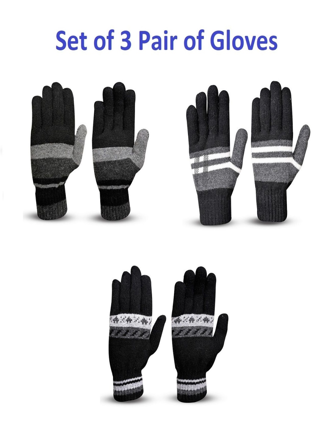 

LOOM LEGACY Men Set Of 3 Striped Acrylic Winter Gloves, Black