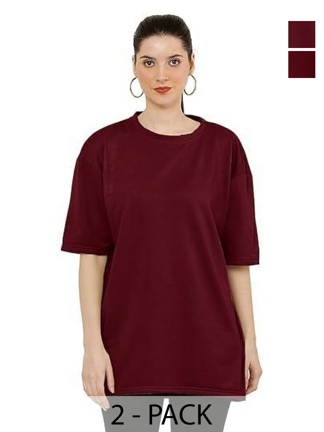 

NOTWILD Women Pack Of 2 Solid Round Neck Cotton Oversized T-shirts, Maroon