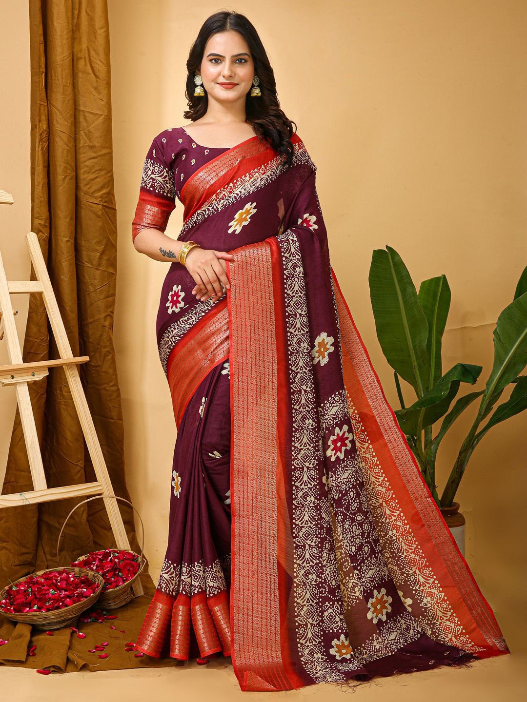 

KALINI Ethnic Motifs Zari Sungudi Saree, Magenta