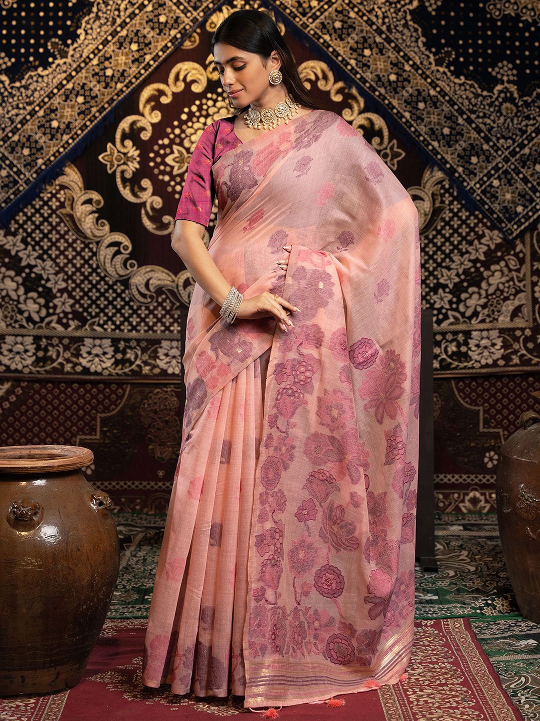 

Satrani Ethnic Motifs Zari Pure Cotton Jamdani Saree, Pink