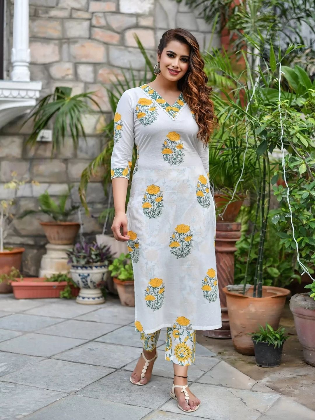 

Moda Rapido Floral Printed V-Neck Straight Kurta With Trouser And Dupatta, White