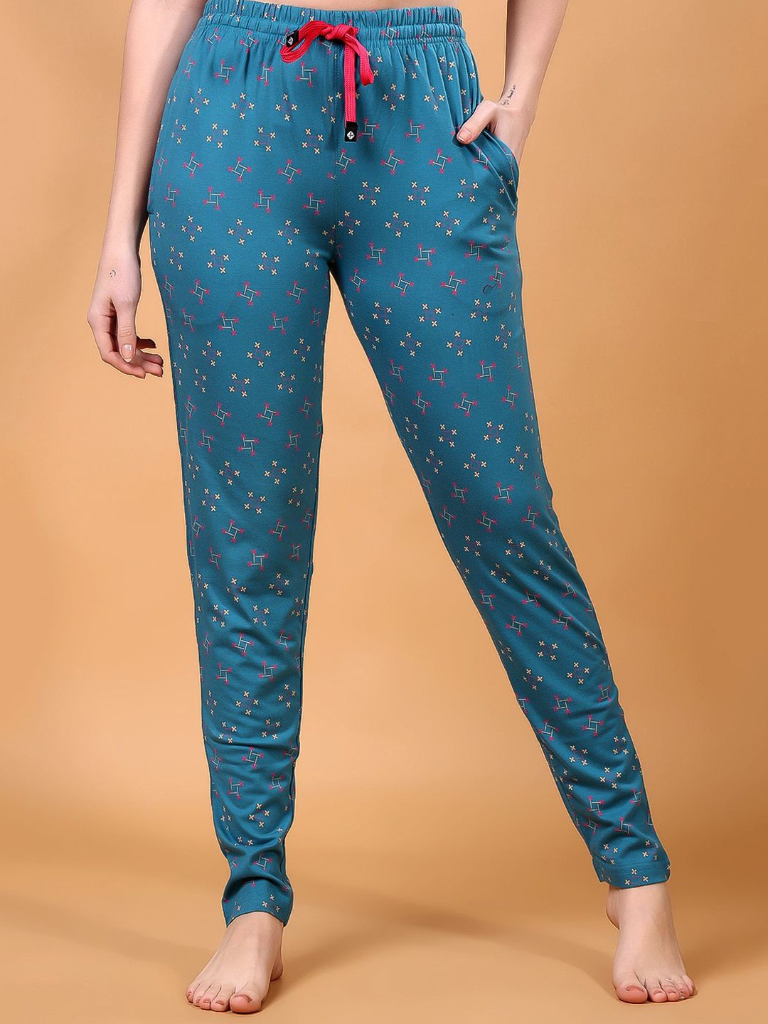 

Floret Women Printed Pure Cotton Lounge Pants, Blue