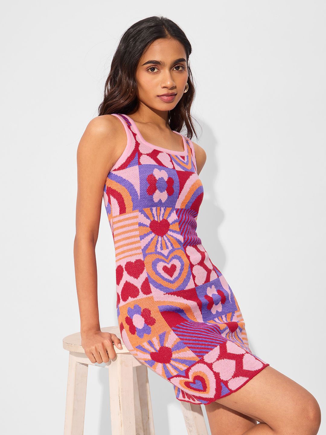 

The Souled Store Jacquard Knit Heart Maze Mini Dress, Pink