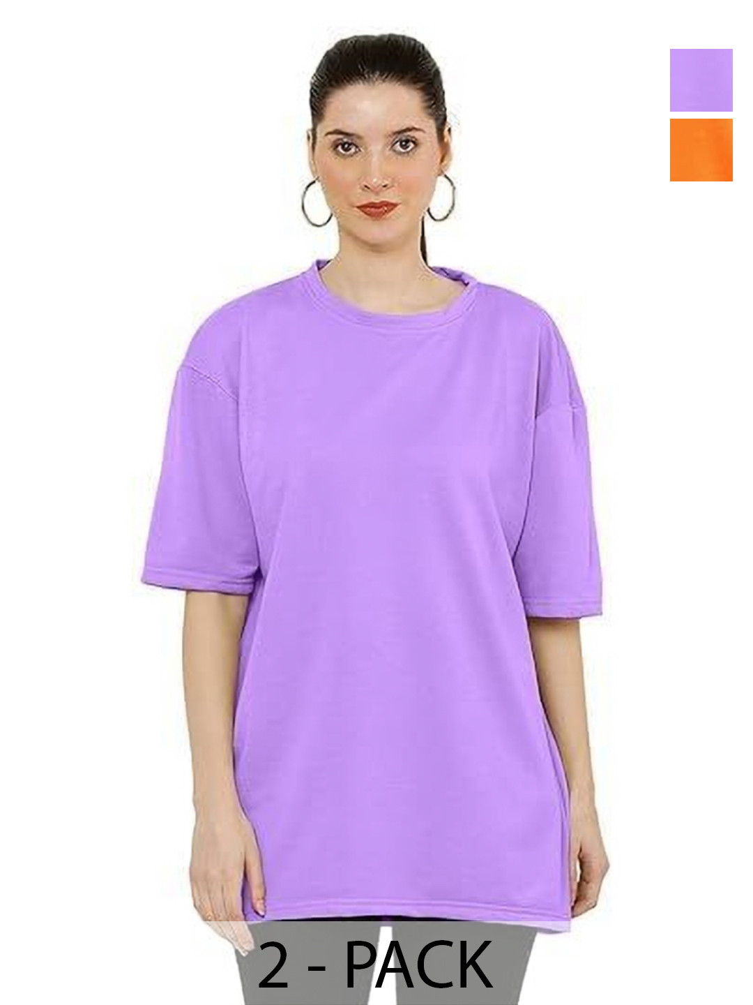 

NOTWILD Women Pack Of 2 Solid Round Neck Cotton Oversized T-shirts, Orange