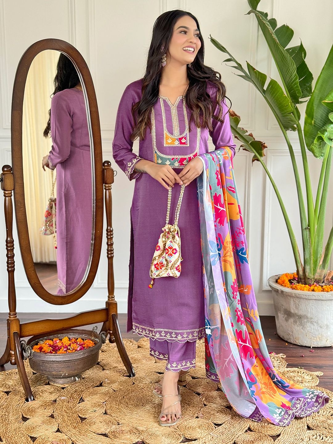

KALINI Floral Embroidered Notch Neck Sequinned Straight Kurta With Trousers & Dupatta, Lavender