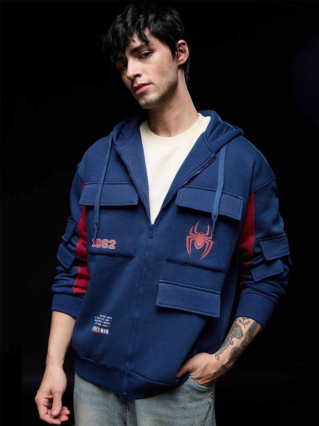 

The Souled Store Men Printed Hooded Sweatshirt Spider-Man: Web-Slinger, Blue
