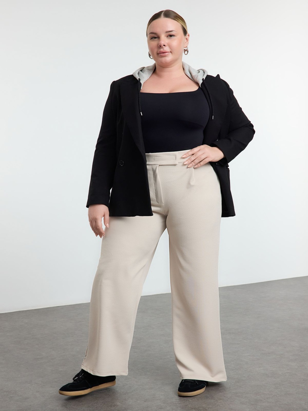 

Trendyol Women Plus Size Plain Regular Fit Wide Leg Trousers, Beige