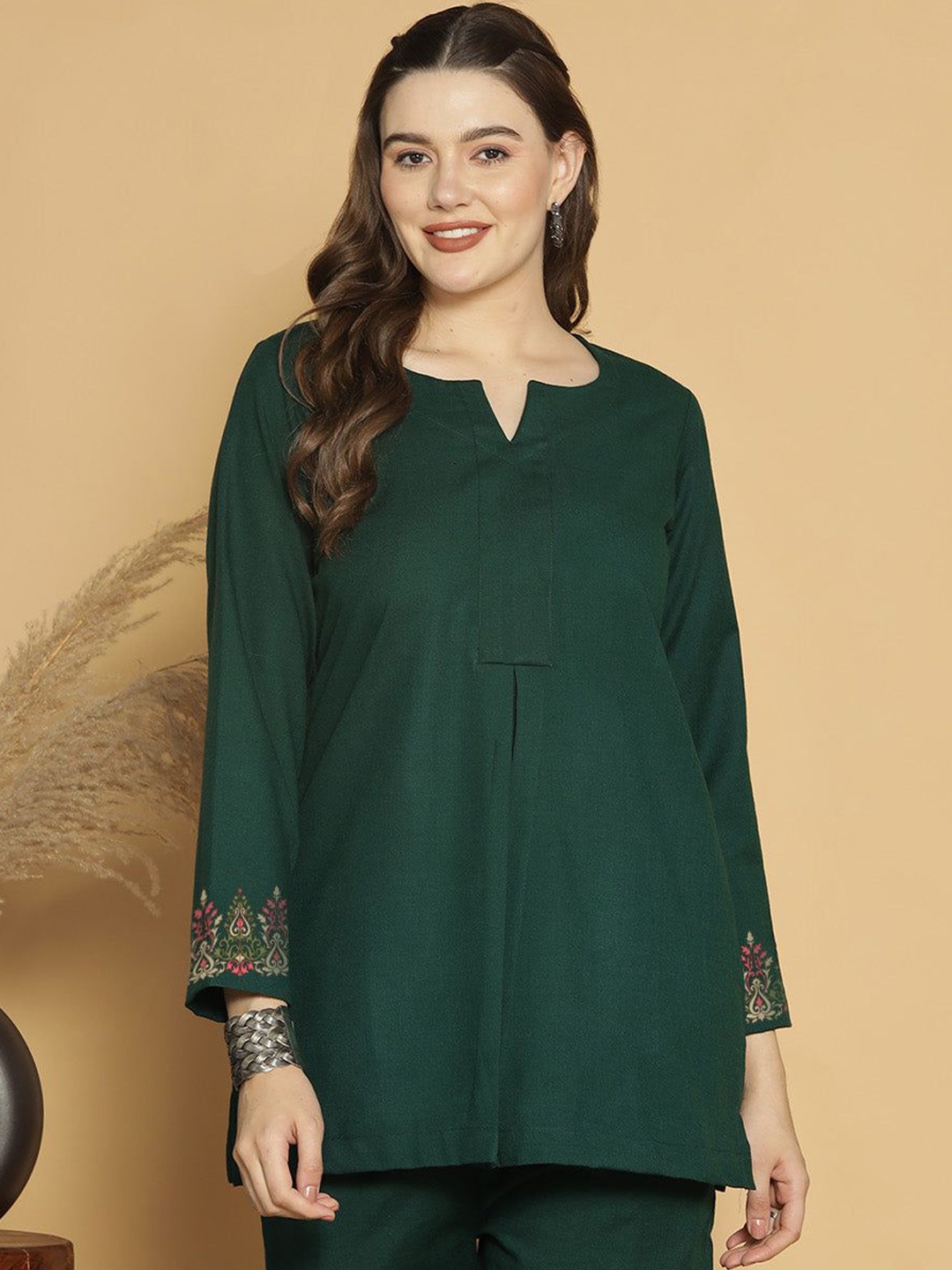 

LetsDressUp Women Pleated Embroidered A-Line Top, Green