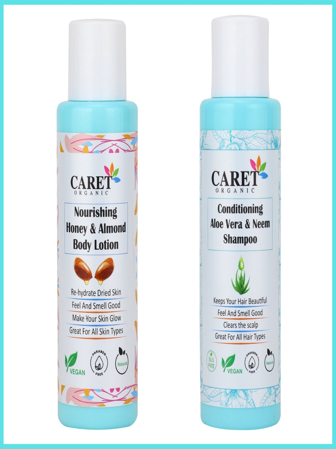 

CARET ORGANIC Set Of 2 Honey & Almond Body Lotion & Aloe Vera & Neem Shampoo, Multi