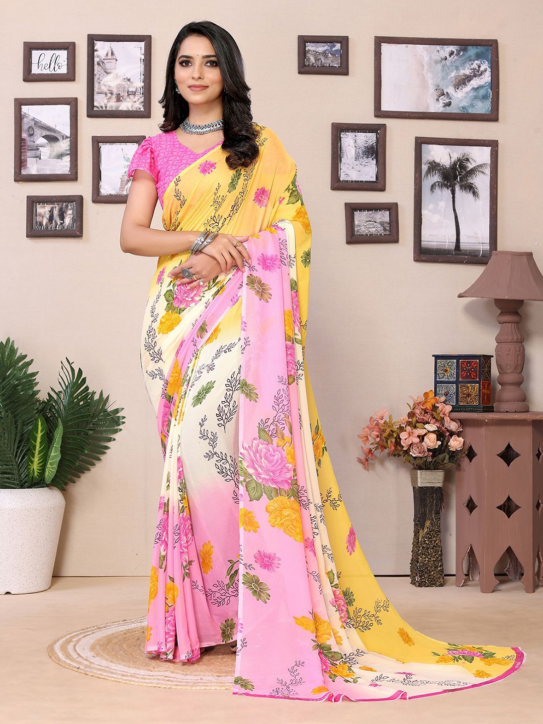 

Moda Rapido Floral Printed Saree With Unstiched Blouse Piece, Pink