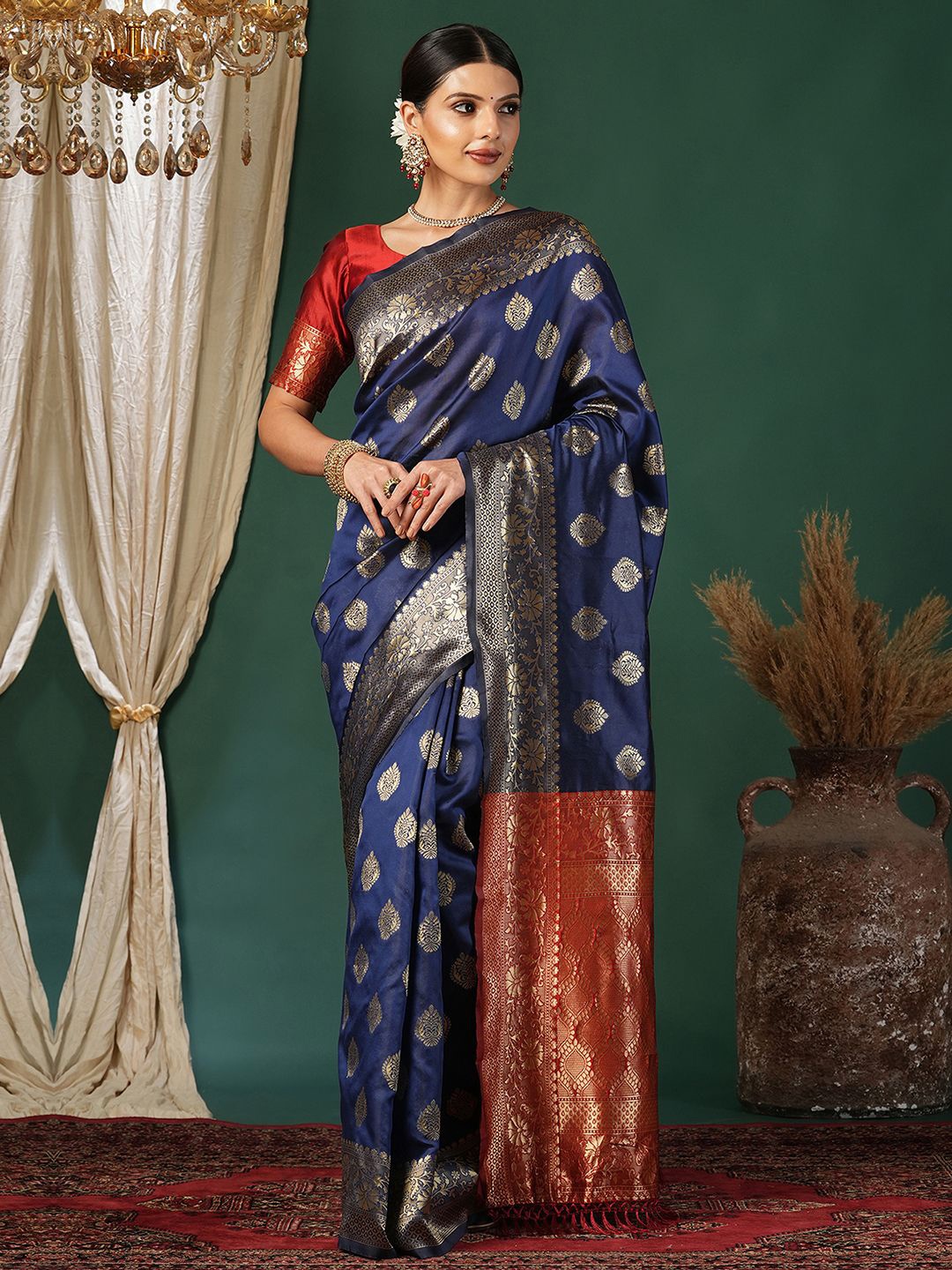 

KALINI Ethnic Motifs Zari Silk Blend Banarasi Saree, Blue