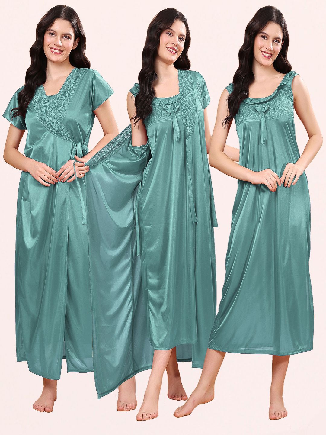 

CHUI MUI Women Satin Maxi Nightdress with Robe, Green