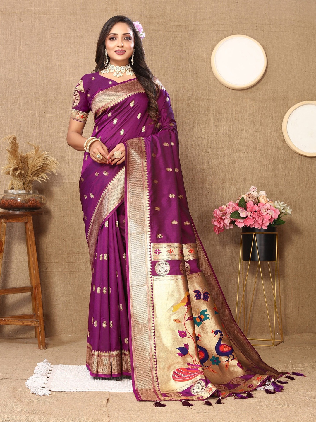 

LeeliPeeri Designer Ethnic Motifs Woven Design Zari Paithani Saree, Purple