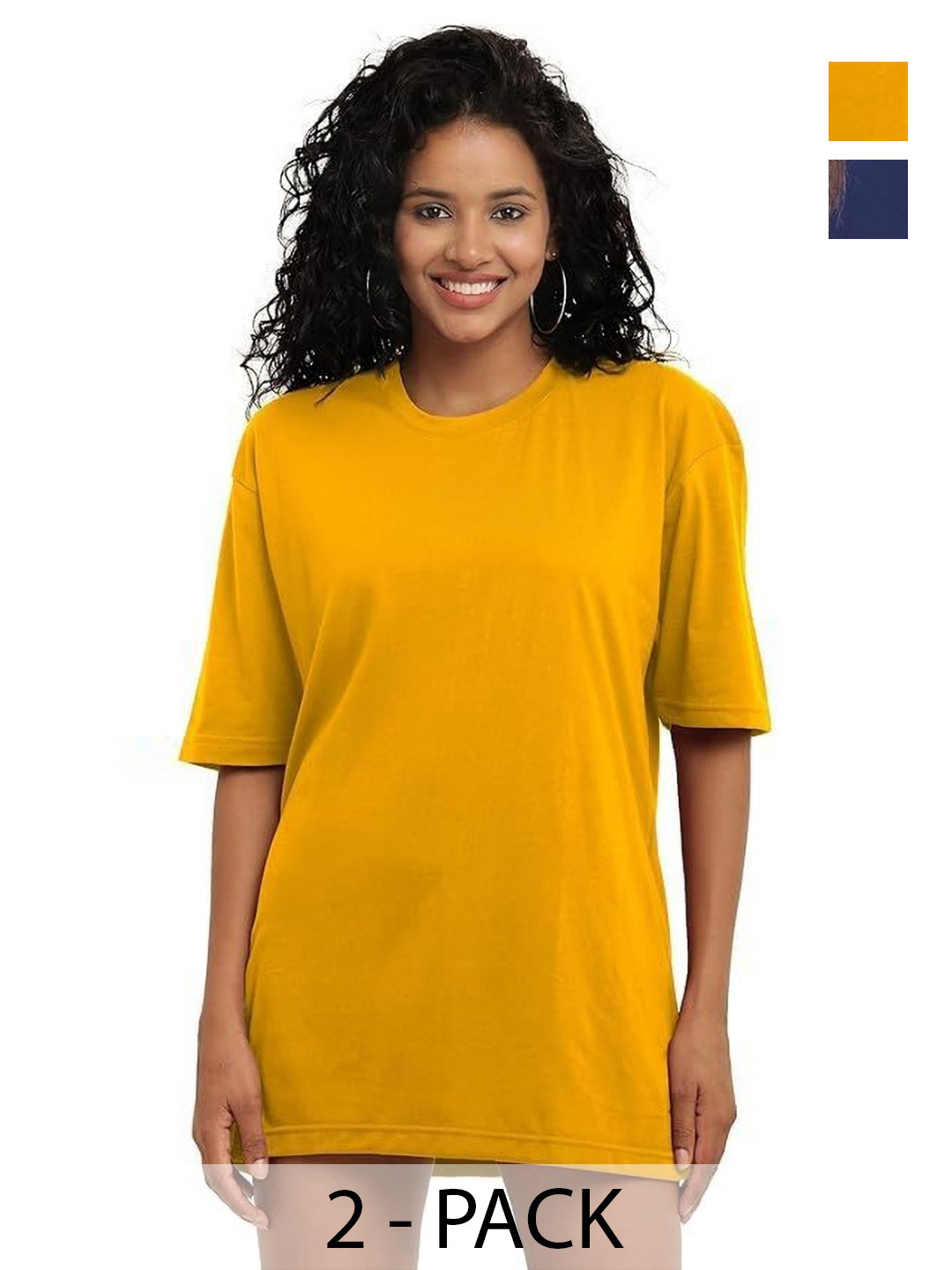 

NOTWILD Women Pack Of 2 Solid Round Neck Cotton T-shirts, Mustard