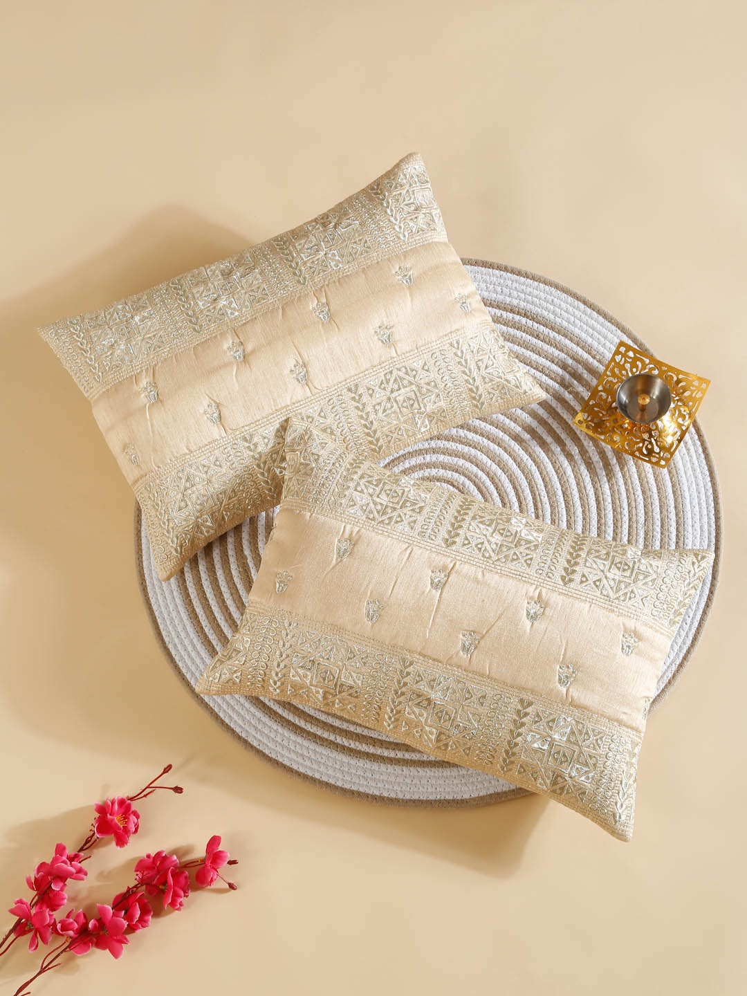 

HOSTA HOMES Beige & Gold 2 Pieces Ethnic Motifs Embroidered Silk Rectangle Cushion Covers