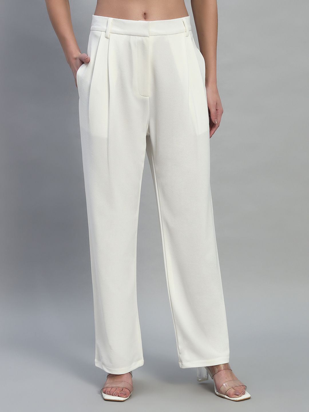 

Chemistry Women Straight Fit High-Rise Pleated Trousers, White