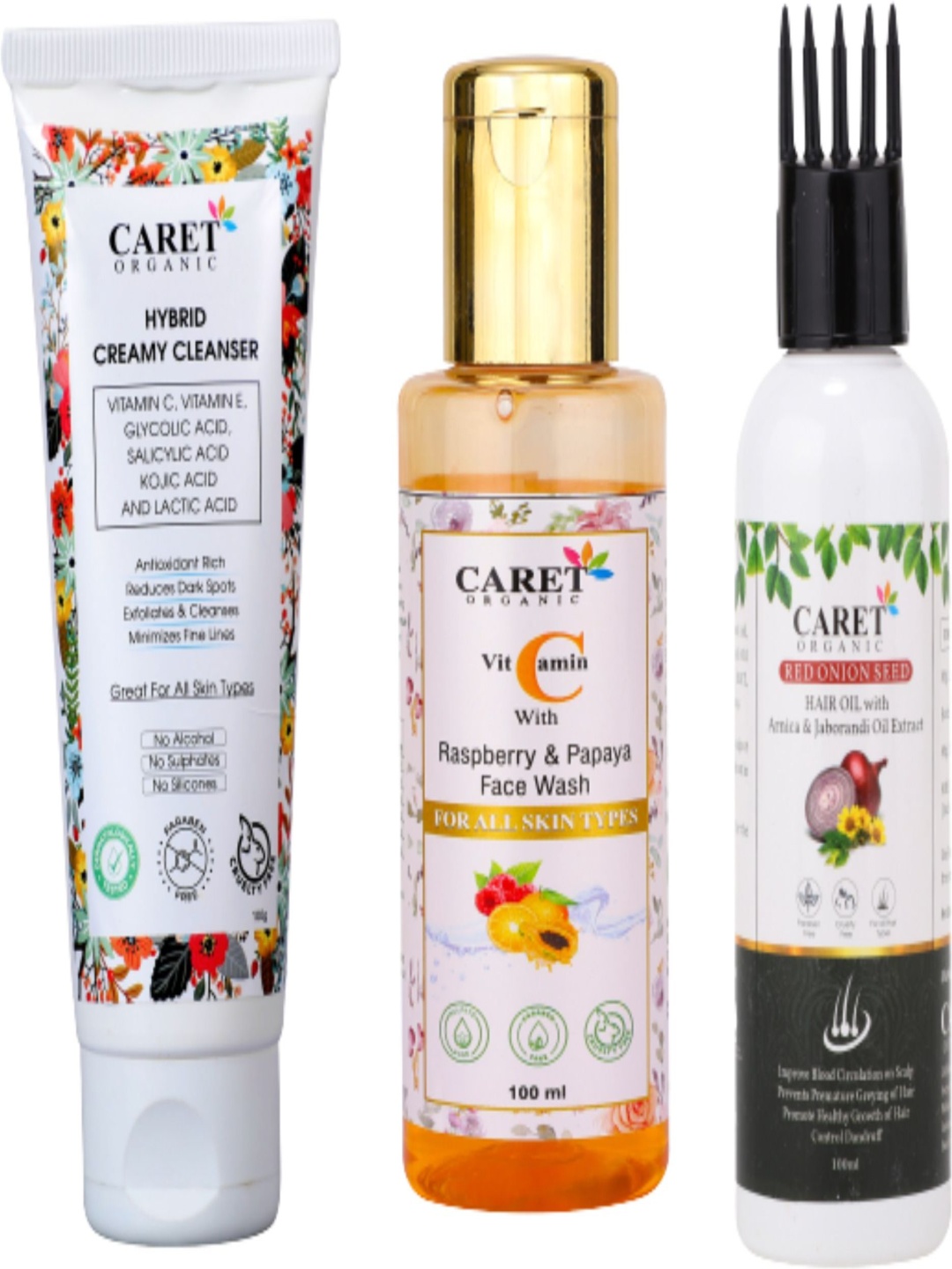 

CARET ORGANIC Set Of 3 Hybrid Cleanser, Face Wash & Red Onion Seed Oil-100ml Each, White