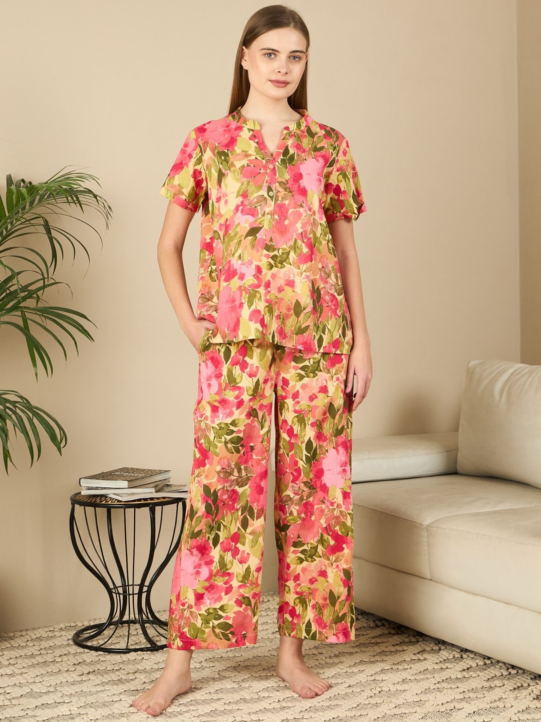

July Women Floral Printed Pure Cotton Night suit, Pink