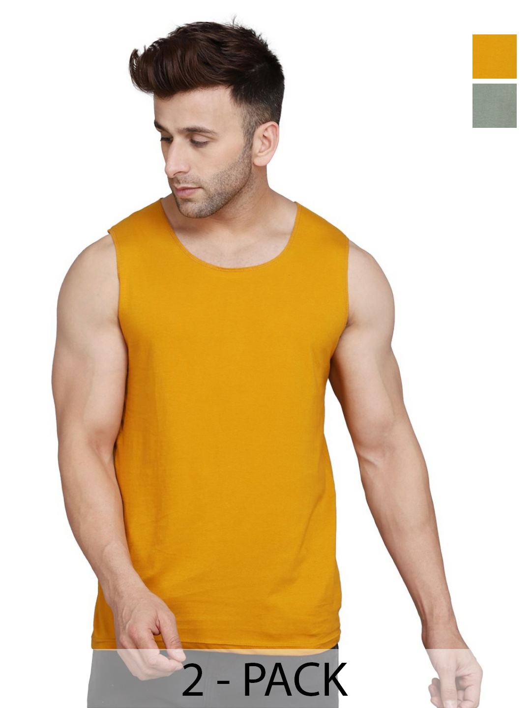 

WOOSTRO Men Pack Of 2 Solid Round Neck Cotton Slim Fit T-shirts, Mustard