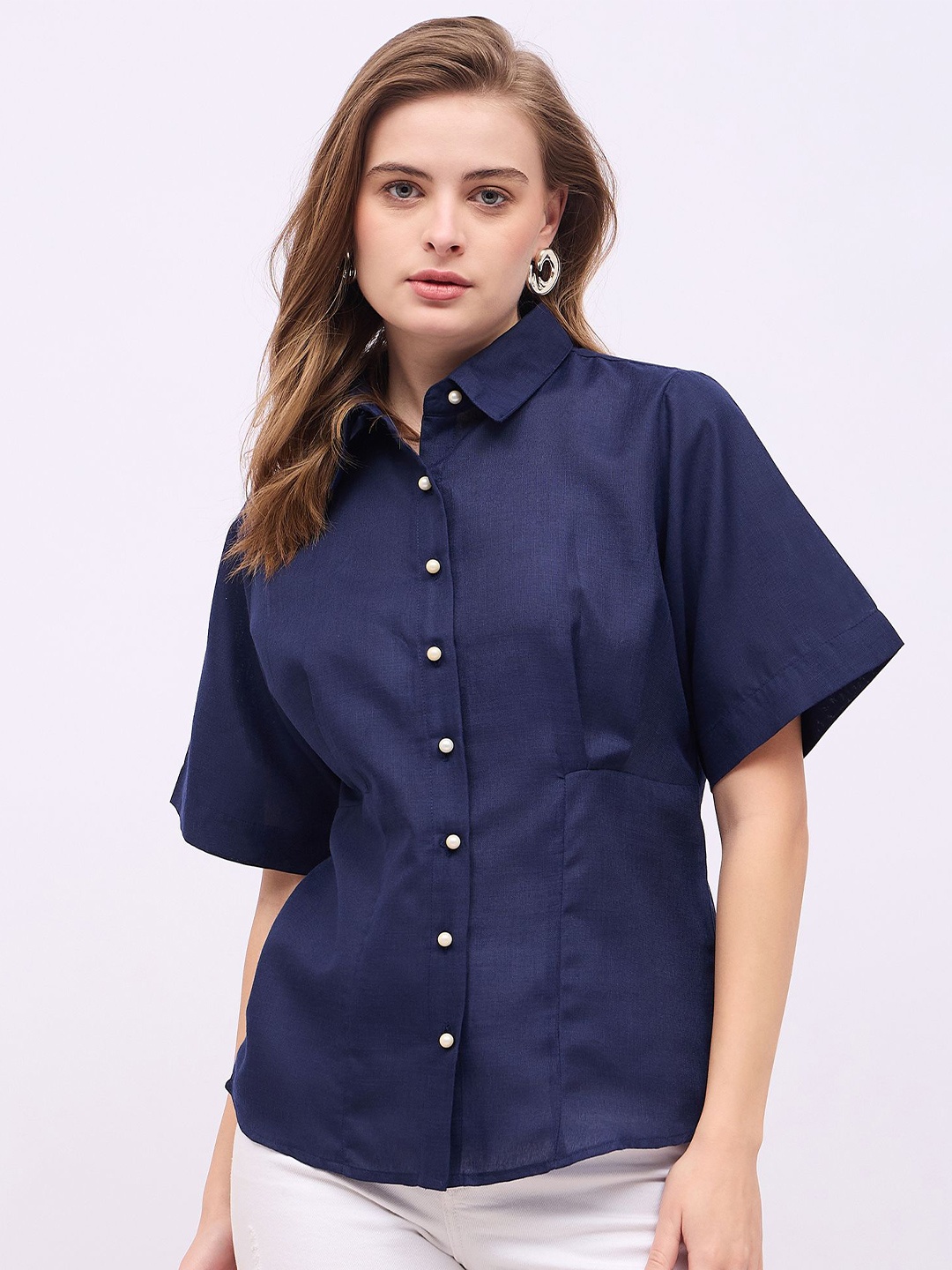 

Styli Women Spread Collar Solid Cotton Casual Shirt, Navy blue