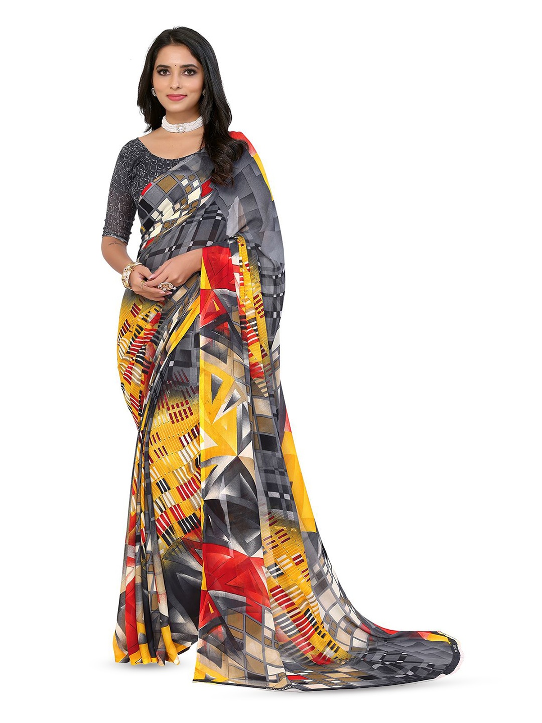

Moda Rapido Abstract Printed Saree With Blouse Piece, Grey