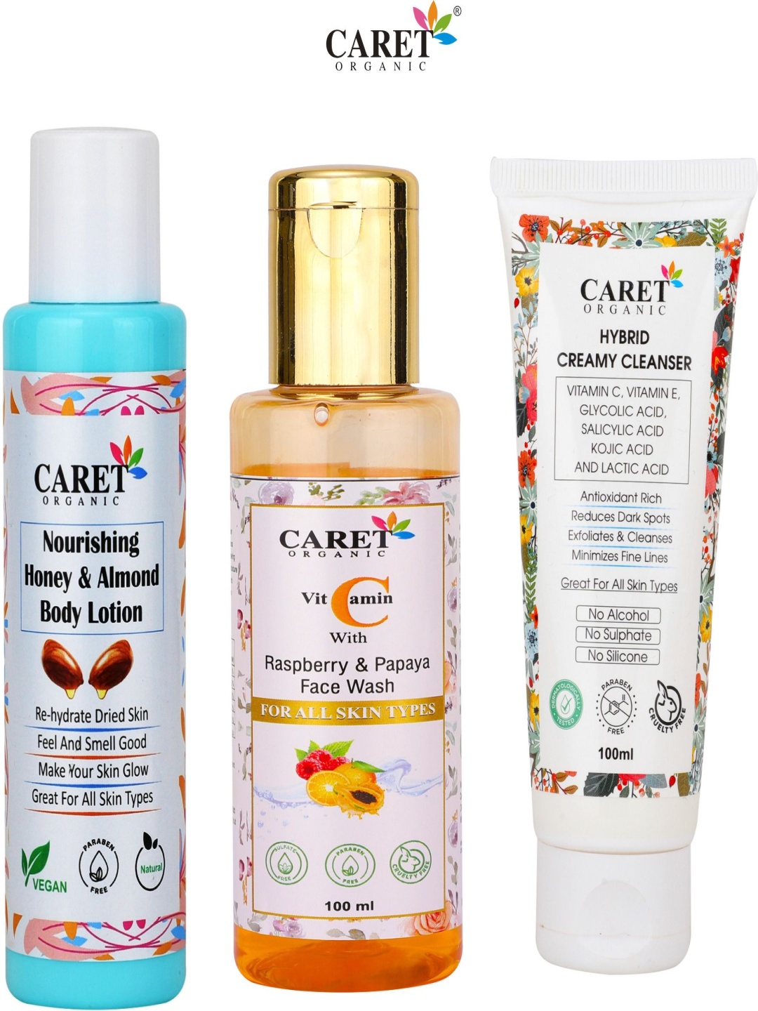 

CARET ORGANIC Set Of 3Honey Almond Lotion & Hybrid Cleanser & Raspberry Papaya Face Wash, Multi