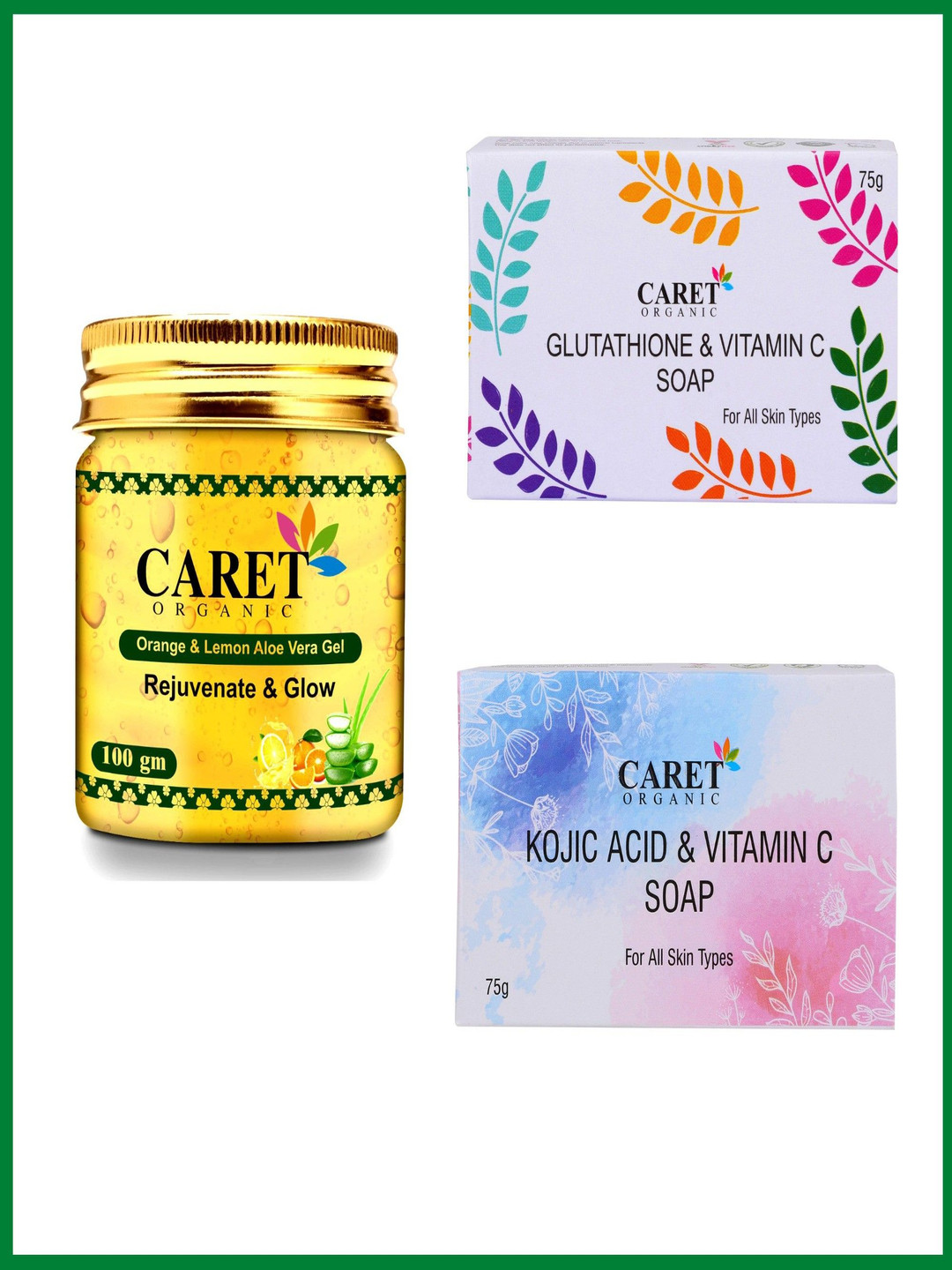 

CARET ORGANIC Set Of 3 Orange Gel - 100 g, Kojic & Glutathione Soap - 75 g Each, White